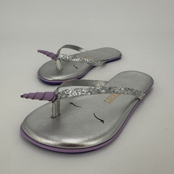 TKEES Toddler Girl's Mini Unicorn Flip-Flop Sandals in Silver Sparkled sz 9/10 - Picture 1 of 14